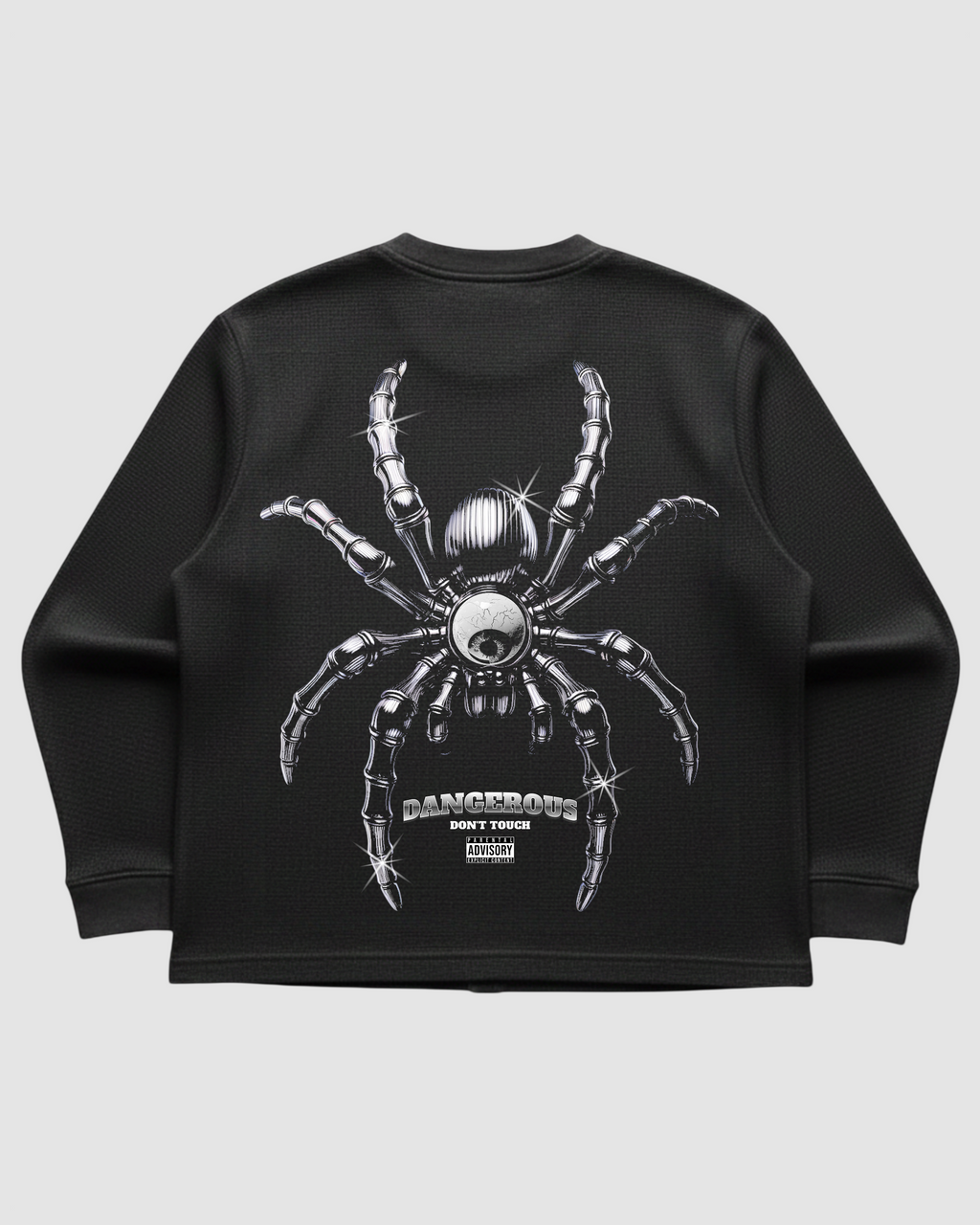 Look Quiet Spider Tee | 240 GSM Cotton Waffle Knit Black Oversized Full-Sleeve Graphic Tee
